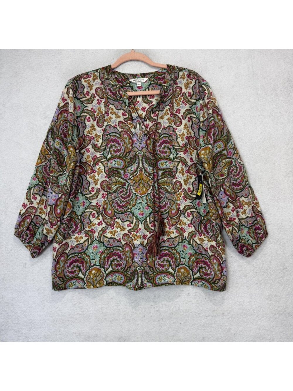 Liverpool Los Angeles Blouse Womens Large Multicolor Paisley Tassel V Neck Tunic